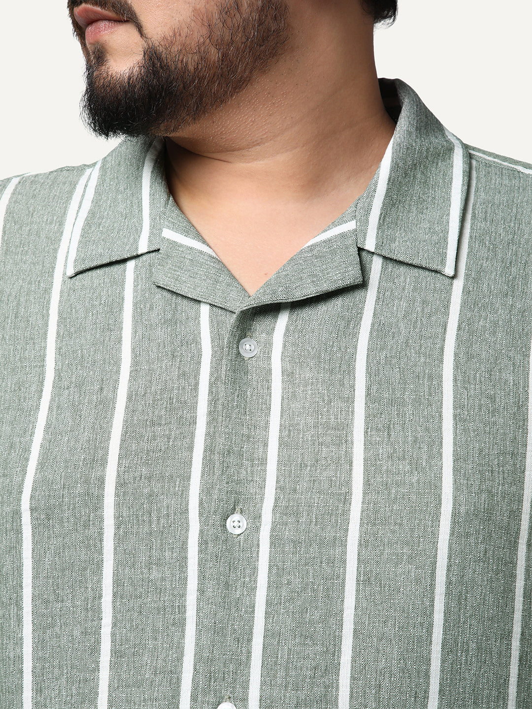 Plus Men's Steel Cotton Half Sleeve Relaxed Fit Linen Striped Shirt with Cuban Collar