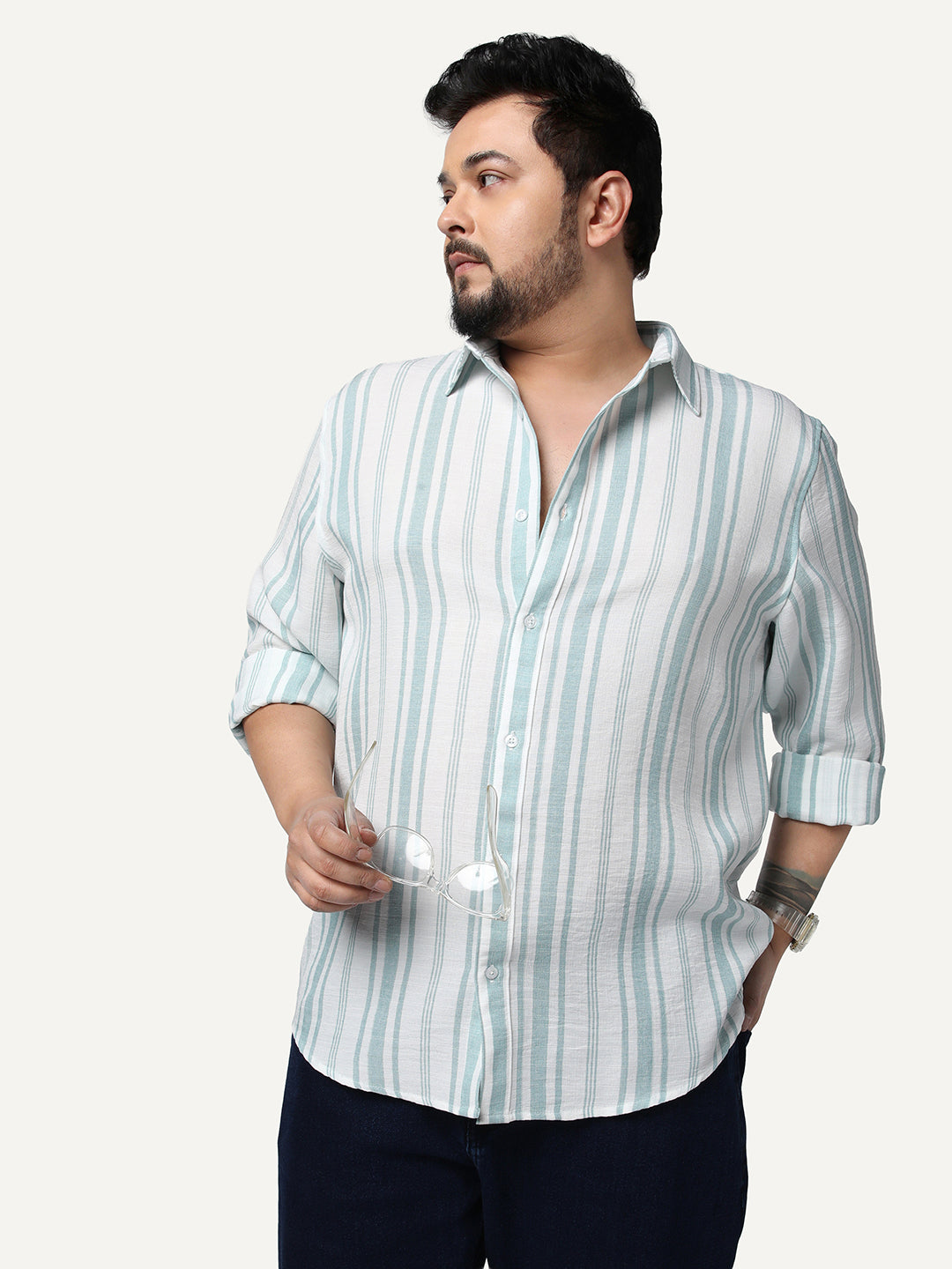 Plus Men's Light Blue Cotton Full Sleeve Relaxed Fit Linen Striped Shirt with Spread Collar