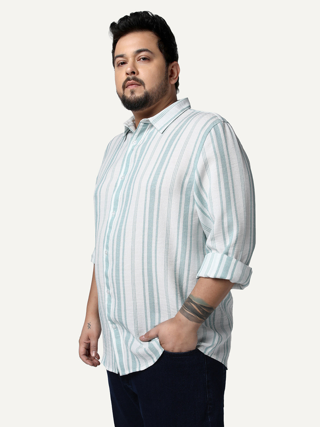 Plus Men's Light Blue Cotton Full Sleeve Relaxed Fit Linen Striped Shirt with Spread Collar