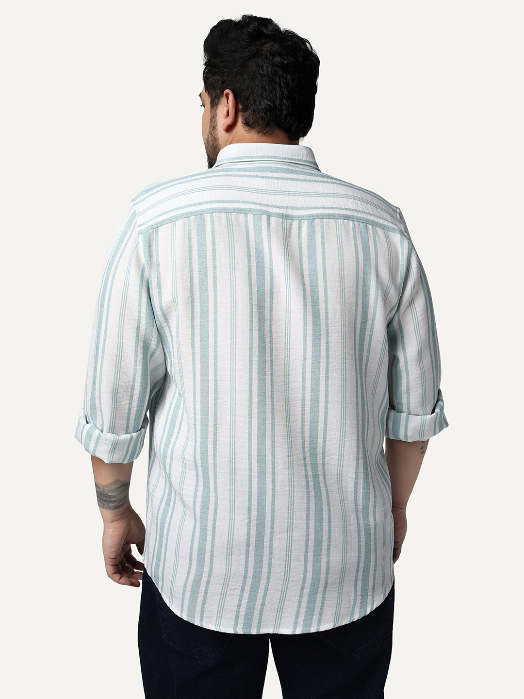 Plus Men's Light Blue Cotton Full Sleeve Relaxed Fit Linen Striped Shirt with Spread Collar