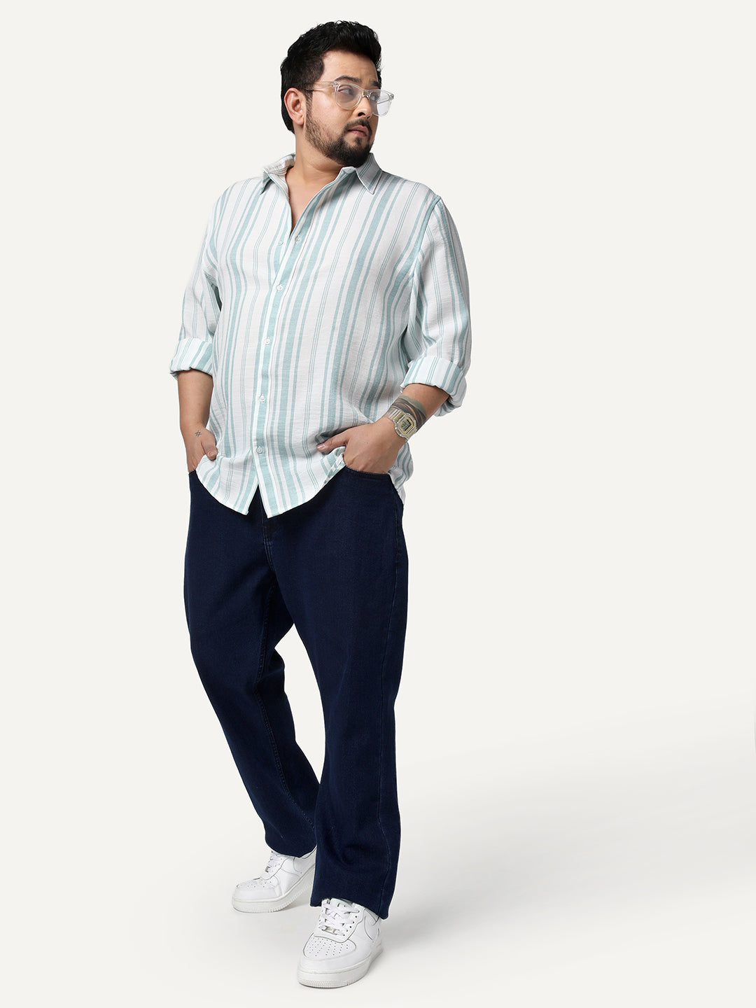 Plus Men's Light Blue Cotton Full Sleeve Relaxed Fit Linen Striped Shirt with Spread Collar
