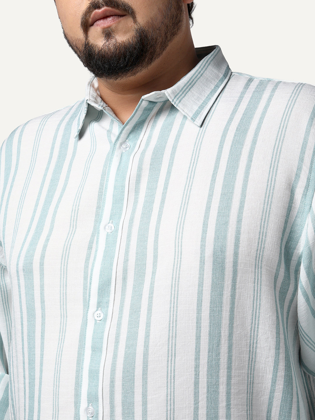 Plus Men's Light Blue Cotton Full Sleeve Relaxed Fit Linen Striped Shirt with Spread Collar