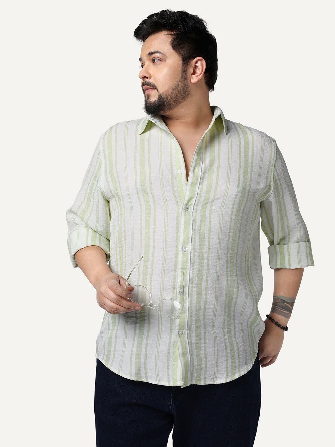 Plus Men's Light Green Cotton Full Sleeve Relaxed Fit Linen Striped Shirt with Spread Collar