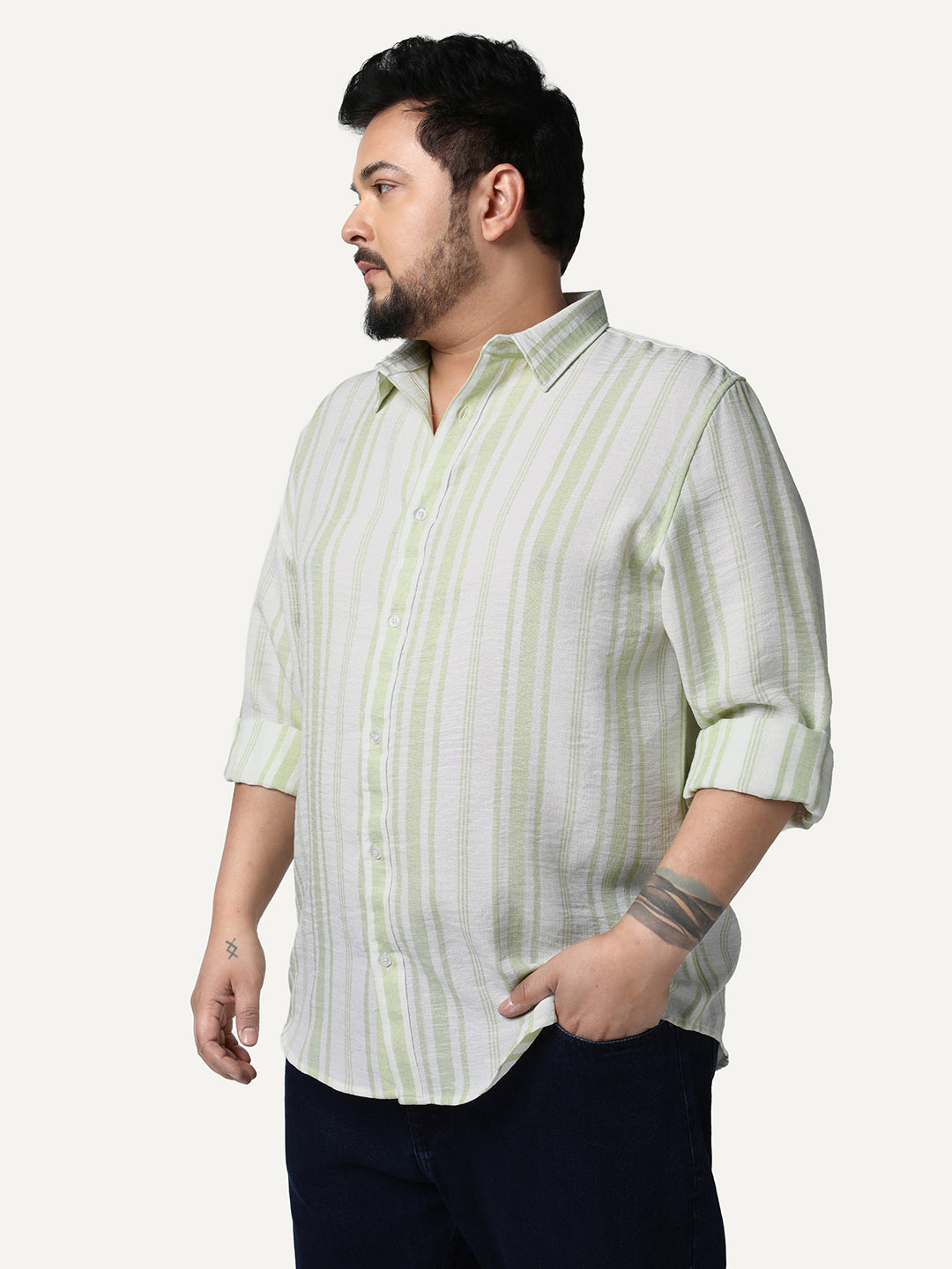 Plus Men's Light Green Cotton Full Sleeve Relaxed Fit Linen Striped Shirt with Spread Collar