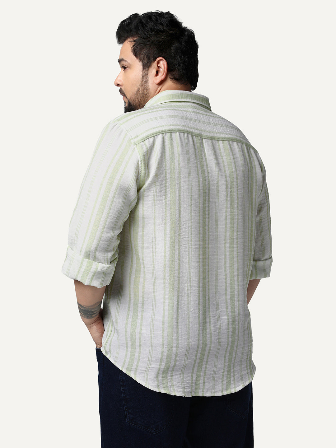 Plus Men's Light Green Cotton Full Sleeve Relaxed Fit Linen Striped Shirt with Spread Collar
