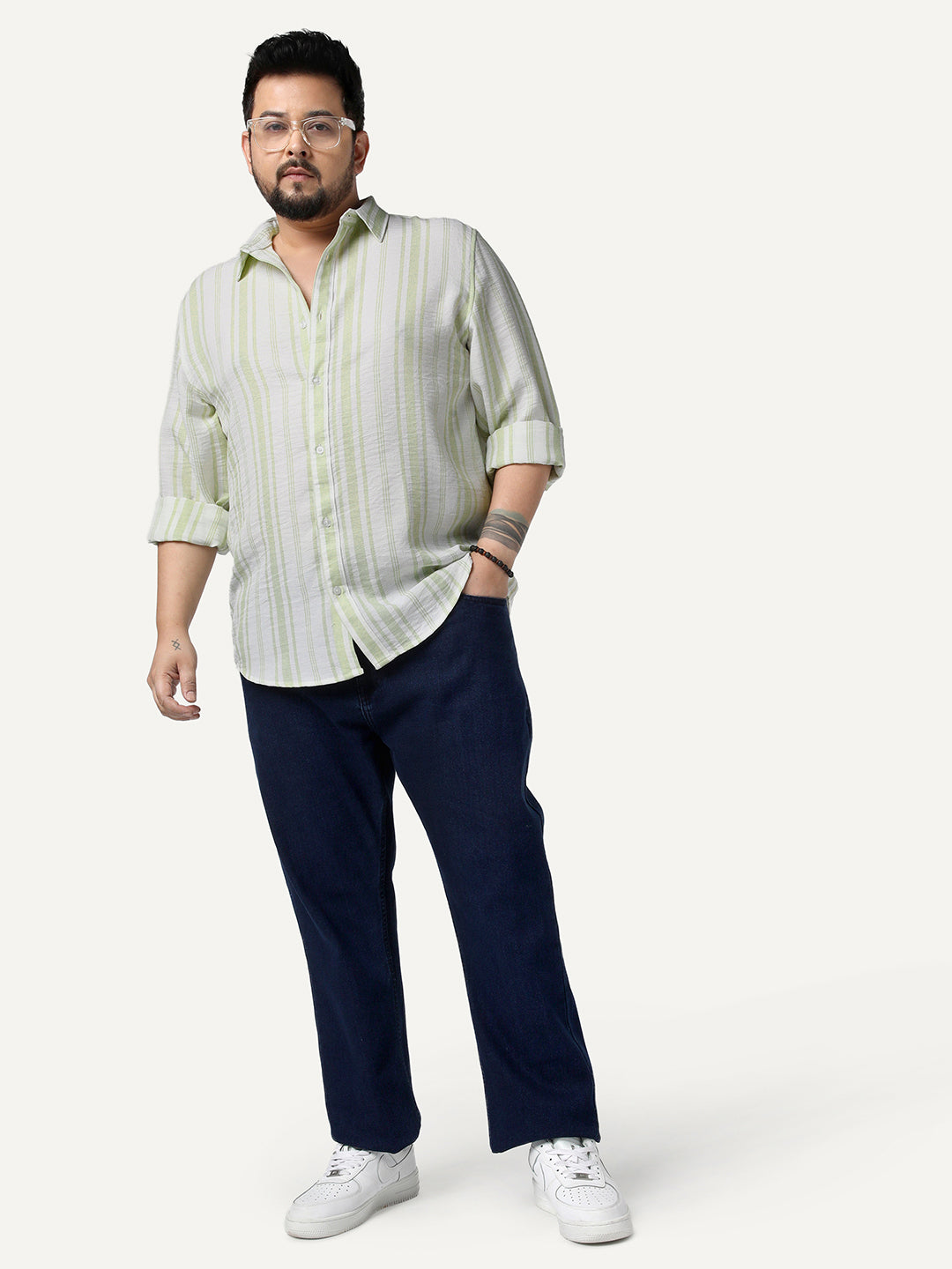 Plus Men's Light Green Cotton Full Sleeve Relaxed Fit Linen Striped Shirt with Spread Collar