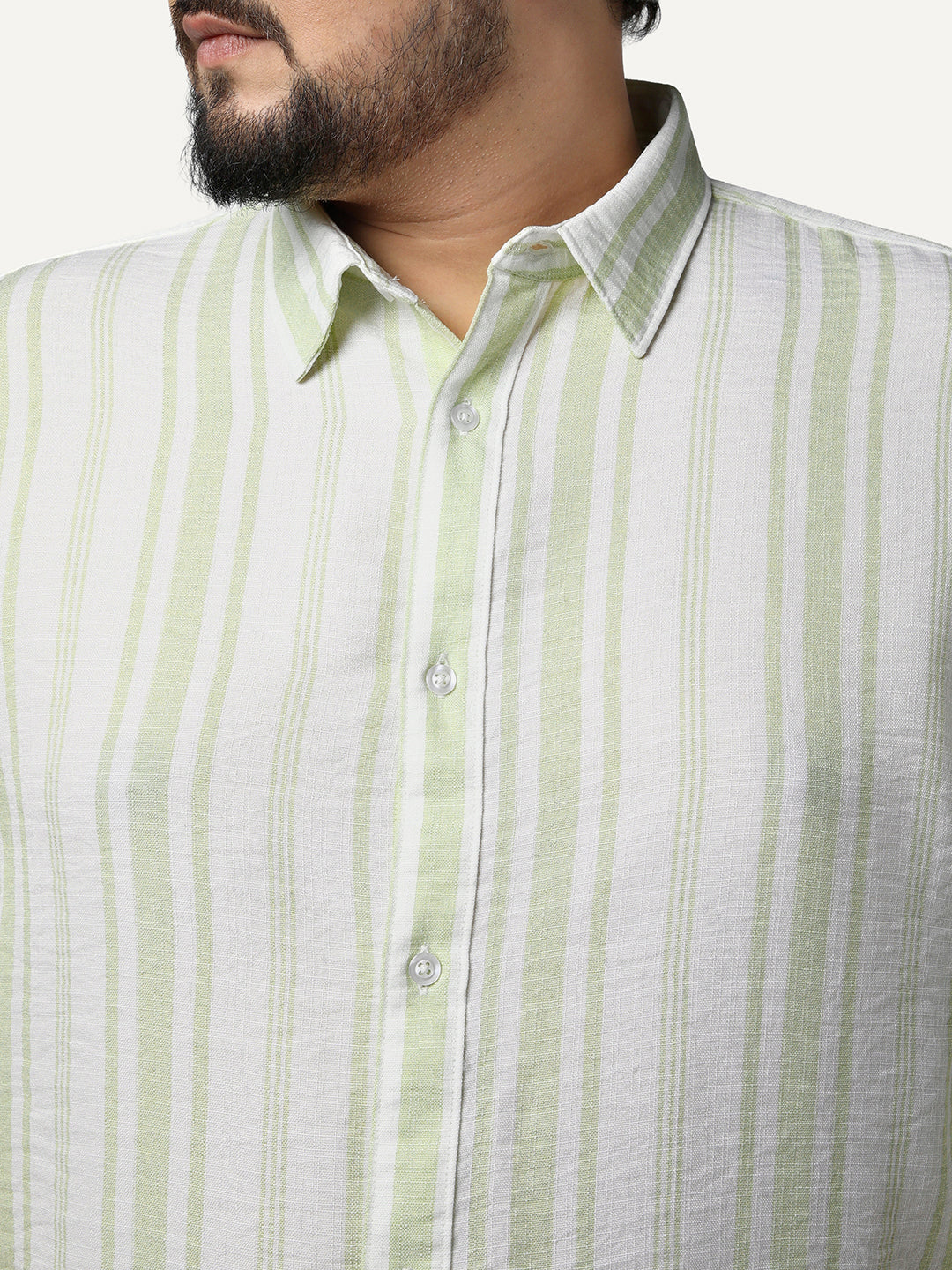 Plus Men's Light Green Cotton Full Sleeve Relaxed Fit Linen Striped Shirt with Spread Collar