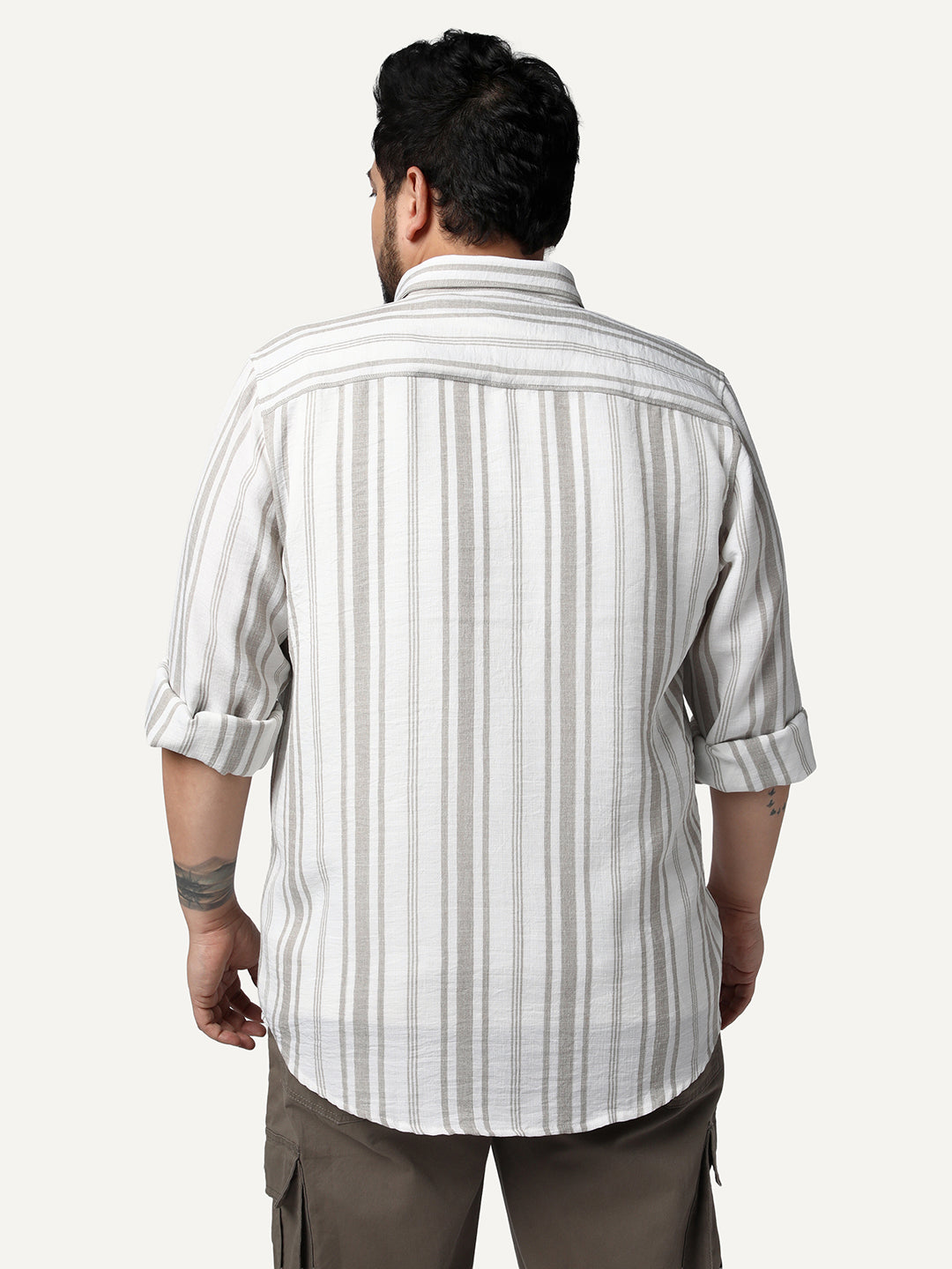 Plus Men's Light Grey Cotton Full Sleeve Relaxed Fit Linen Striped Shirt with Spread Collar