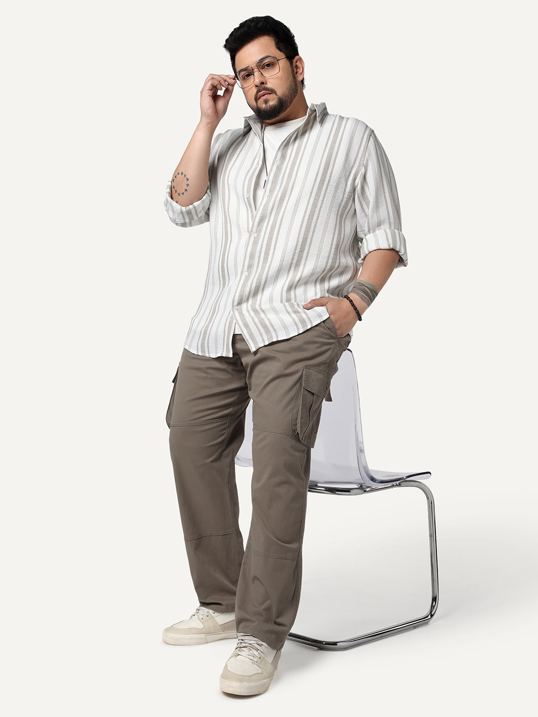 Plus Men's Light Grey Cotton Full Sleeve Relaxed Fit Linen Striped Shirt with Spread Collar