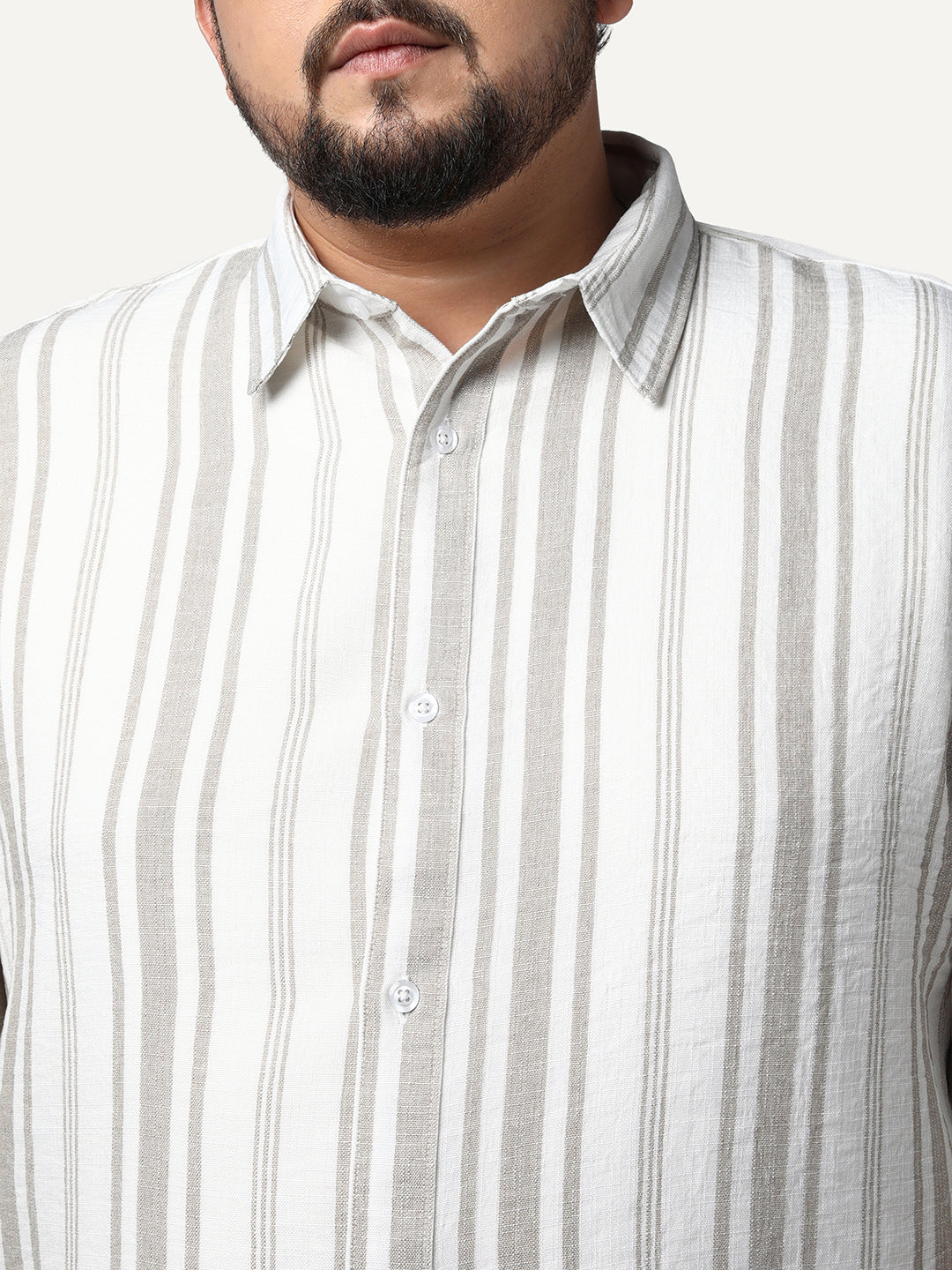 Plus Men's Light Grey Cotton Full Sleeve Relaxed Fit Linen Striped Shirt with Spread Collar