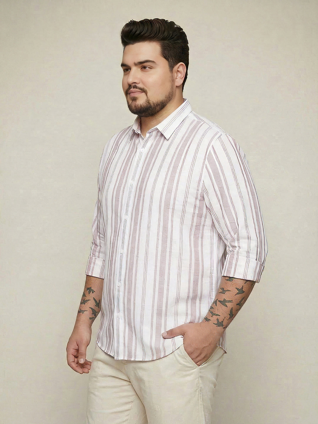 Plus Men's Lilac Cotton Full Sleeve Relaxed Fit Linen Striped Shirt with Spread Collar