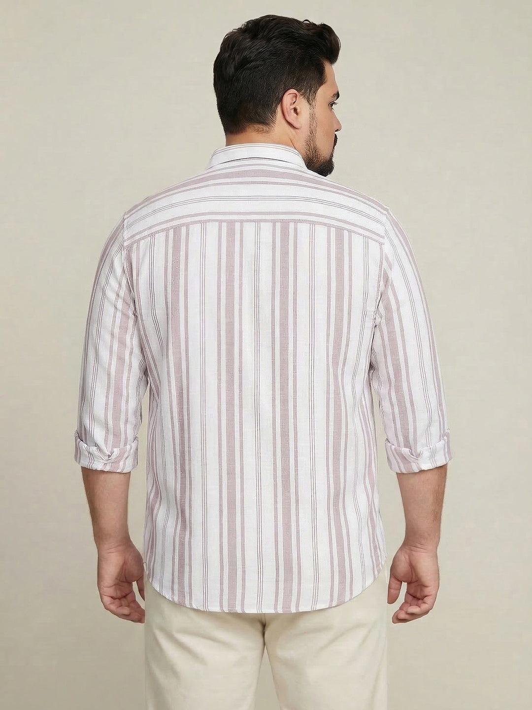 Plus Men's Lilac Cotton Full Sleeve Relaxed Fit Linen Striped Shirt with Spread Collar