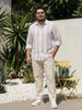 Plus Men's Lilac Cotton Full Sleeve Relaxed Fit Linen Striped Shirt with Spread Collar