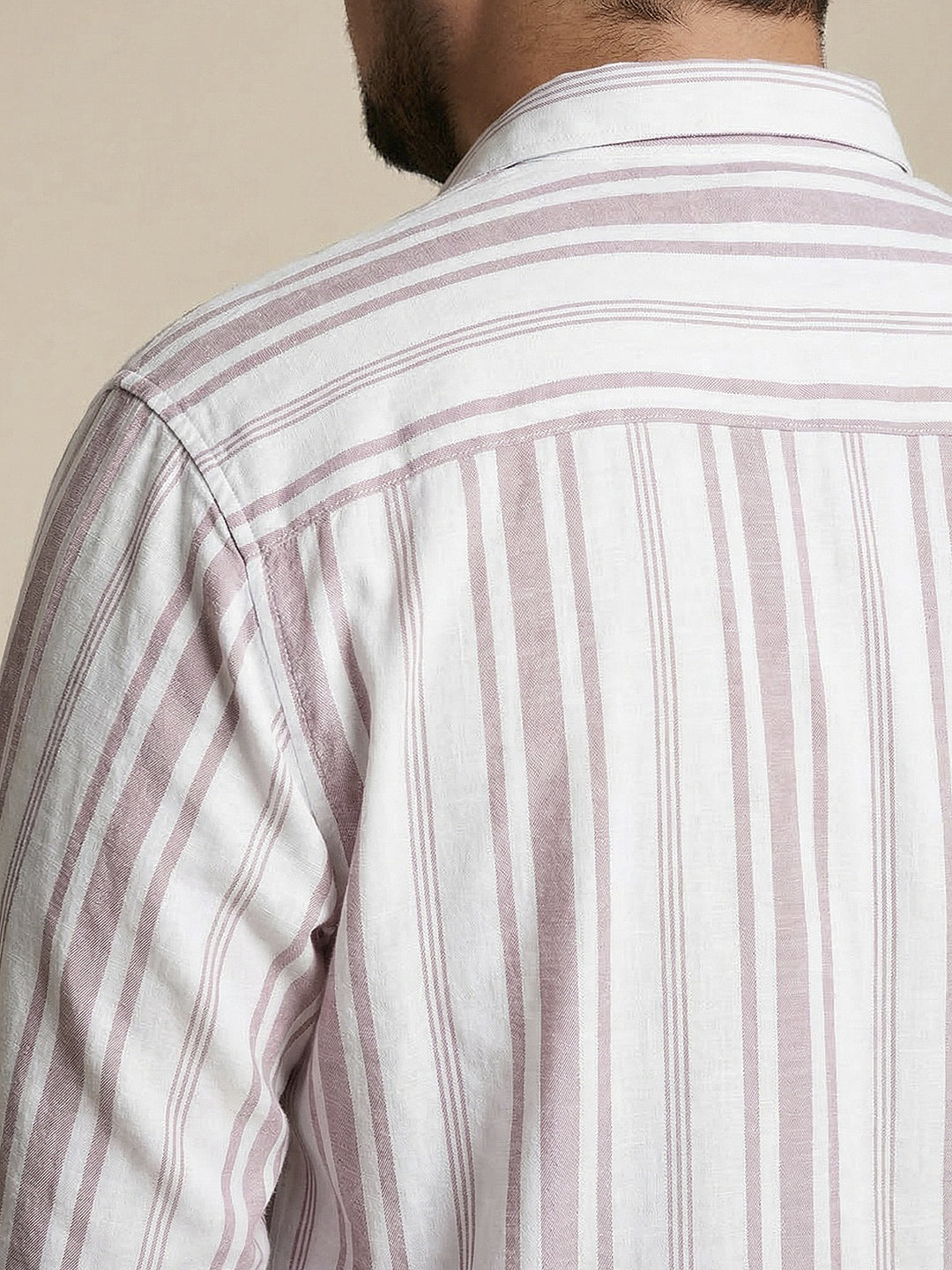 Plus Men's Lilac Cotton Full Sleeve Relaxed Fit Linen Striped Shirt with Spread Collar