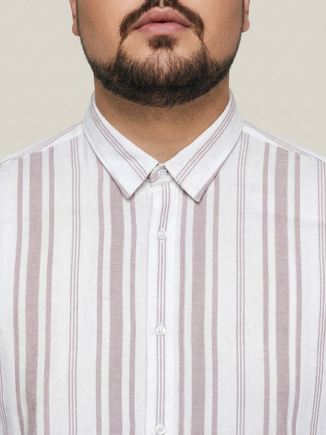 Plus Men's Lilac Cotton Full Sleeve Relaxed Fit Linen Striped Shirt with Spread Collar