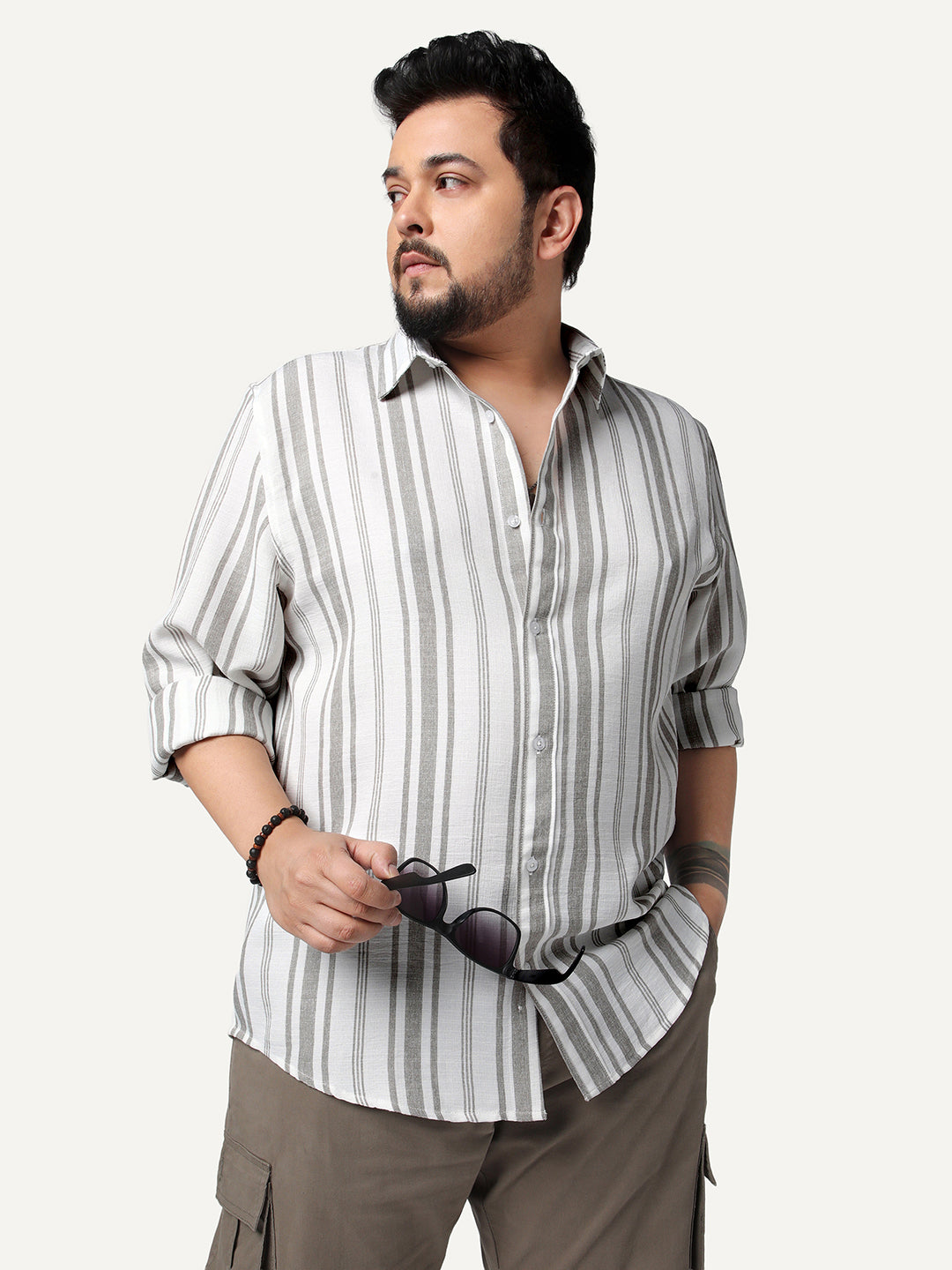 Plus Men's Grey Cotton Full Sleeve Relaxed Fit Linen Striped Shirt with Spread Collar