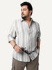 Plus Men's Grey Cotton Full Sleeve Relaxed Fit Linen Striped Shirt with Spread Collar