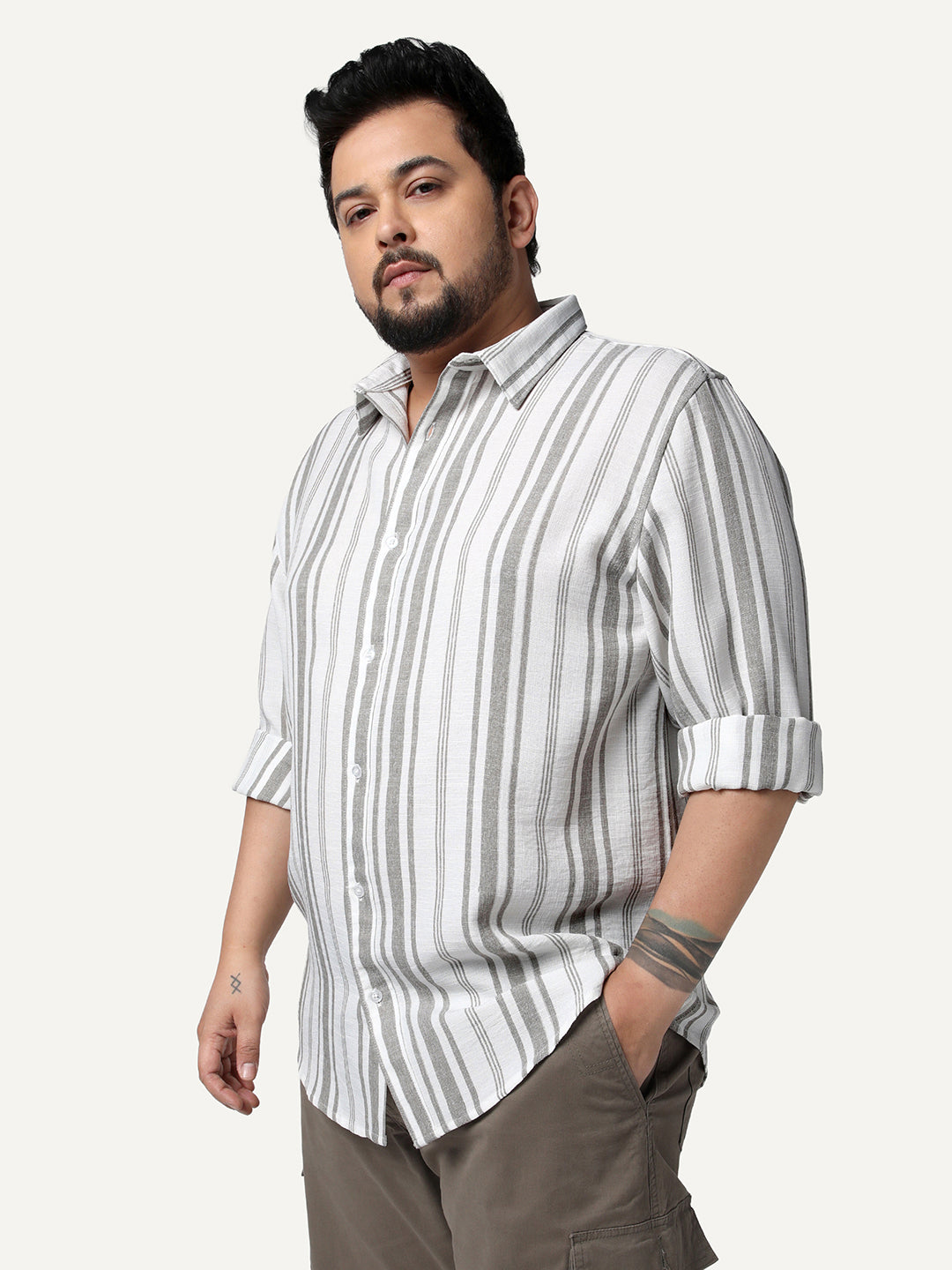 Plus Men's Grey Cotton Full Sleeve Relaxed Fit Linen Striped Shirt with Spread Collar