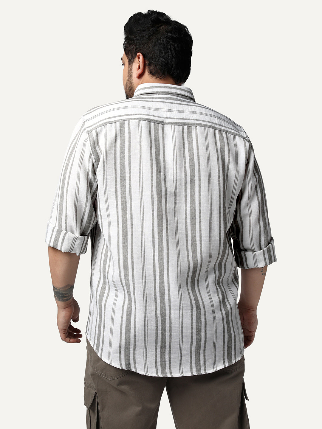 Plus Men's Grey Cotton Full Sleeve Relaxed Fit Linen Striped Shirt with Spread Collar