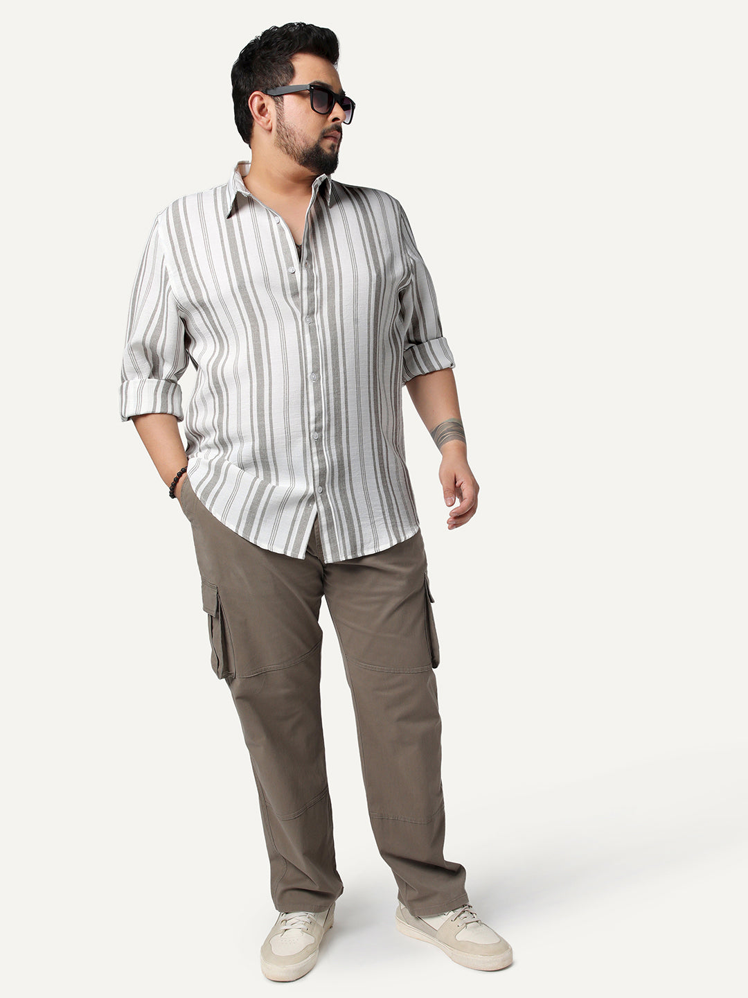 Plus Men's Grey Cotton Full Sleeve Relaxed Fit Linen Striped Shirt with Spread Collar