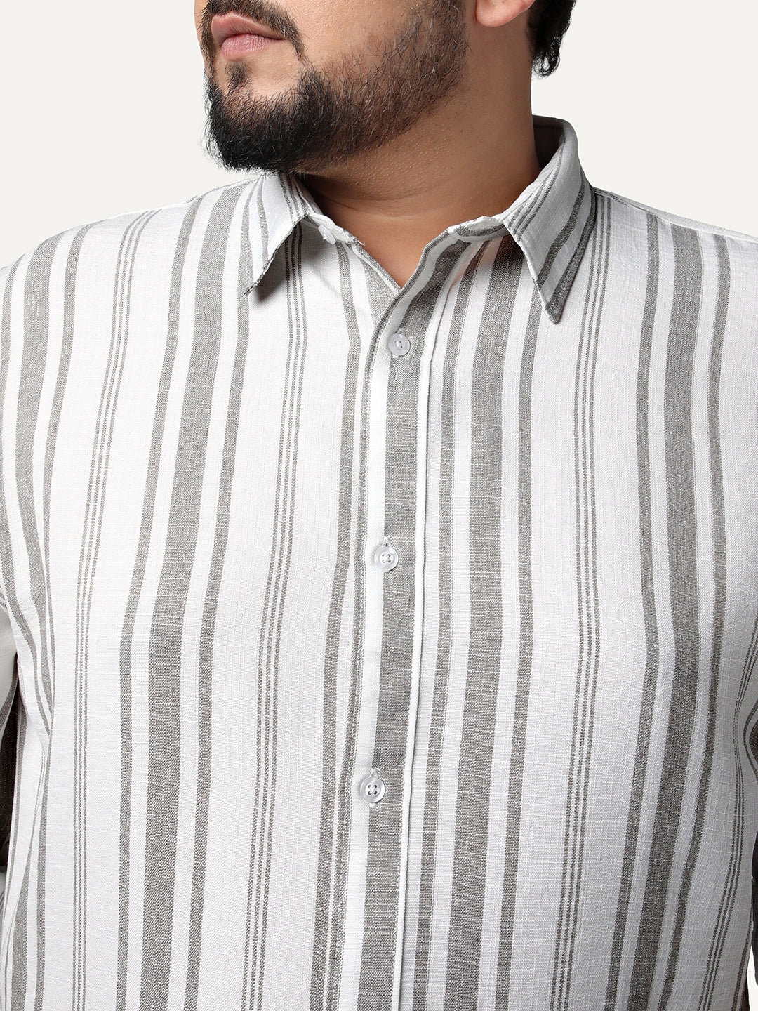 Plus Men's Grey Cotton Full Sleeve Relaxed Fit Linen Striped Shirt with Spread Collar