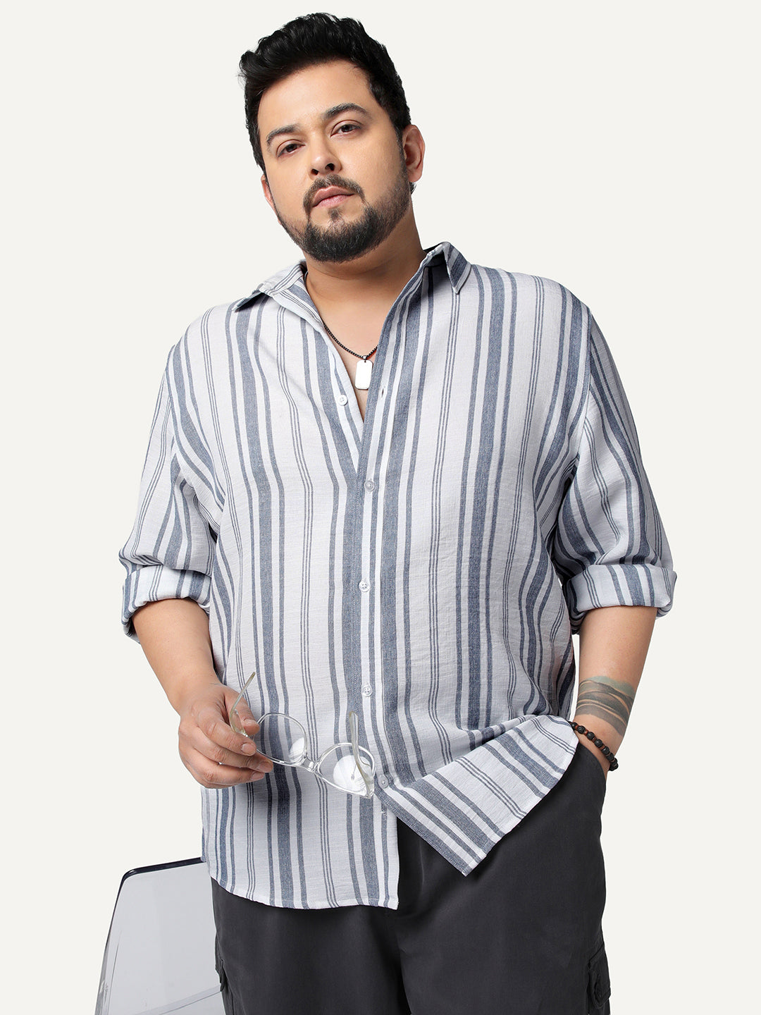 Plus Men's Navy Cotton Full Sleeve Relaxed Fit Linen Striped Shirt with Spread Collar