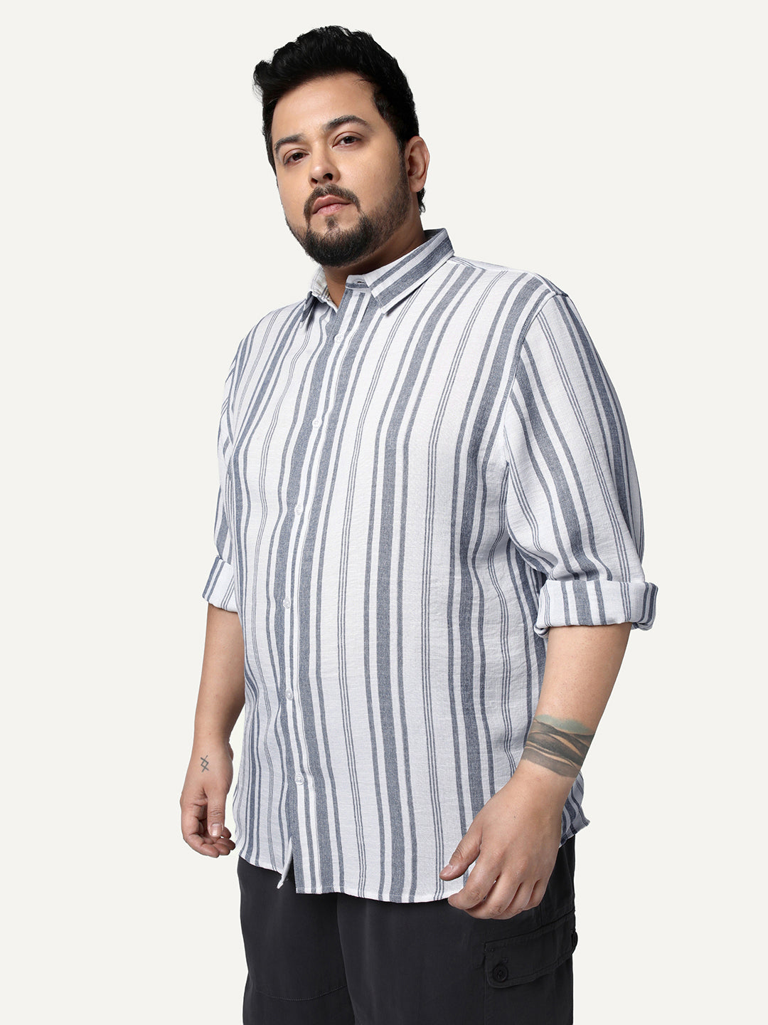 Plus Men's Navy Cotton Full Sleeve Relaxed Fit Linen Striped Shirt with Spread Collar