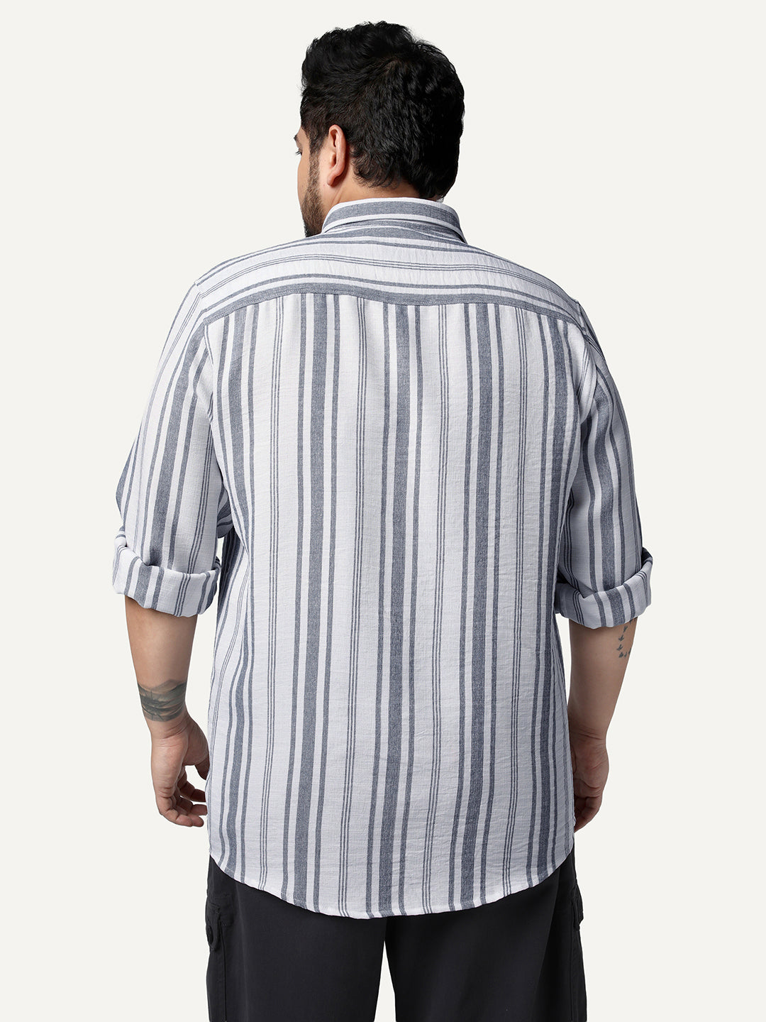 Plus Men's Navy Cotton Full Sleeve Relaxed Fit Linen Striped Shirt with Spread Collar