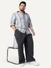 Plus Men's Navy Cotton Full Sleeve Relaxed Fit Linen Striped Shirt with Spread Collar