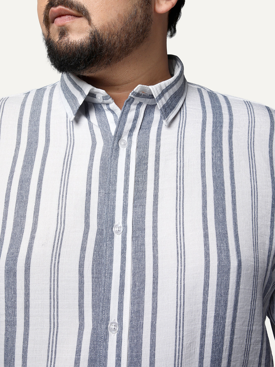 Plus Men's Navy Cotton Full Sleeve Relaxed Fit Linen Striped Shirt with Spread Collar