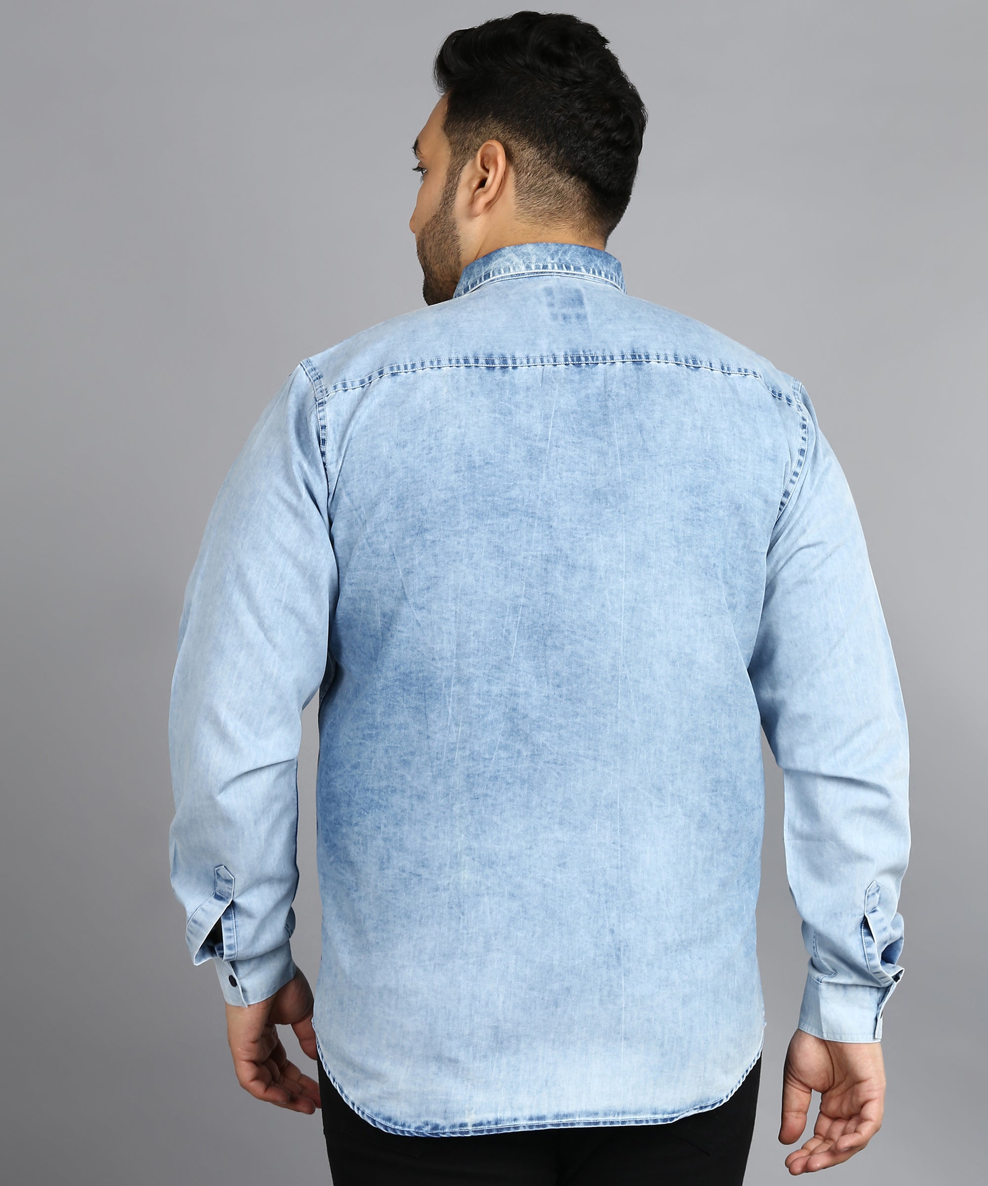 Plus Men's Ice Blue Denim Full Sleeve Regular Fit Washed Casual Shirt