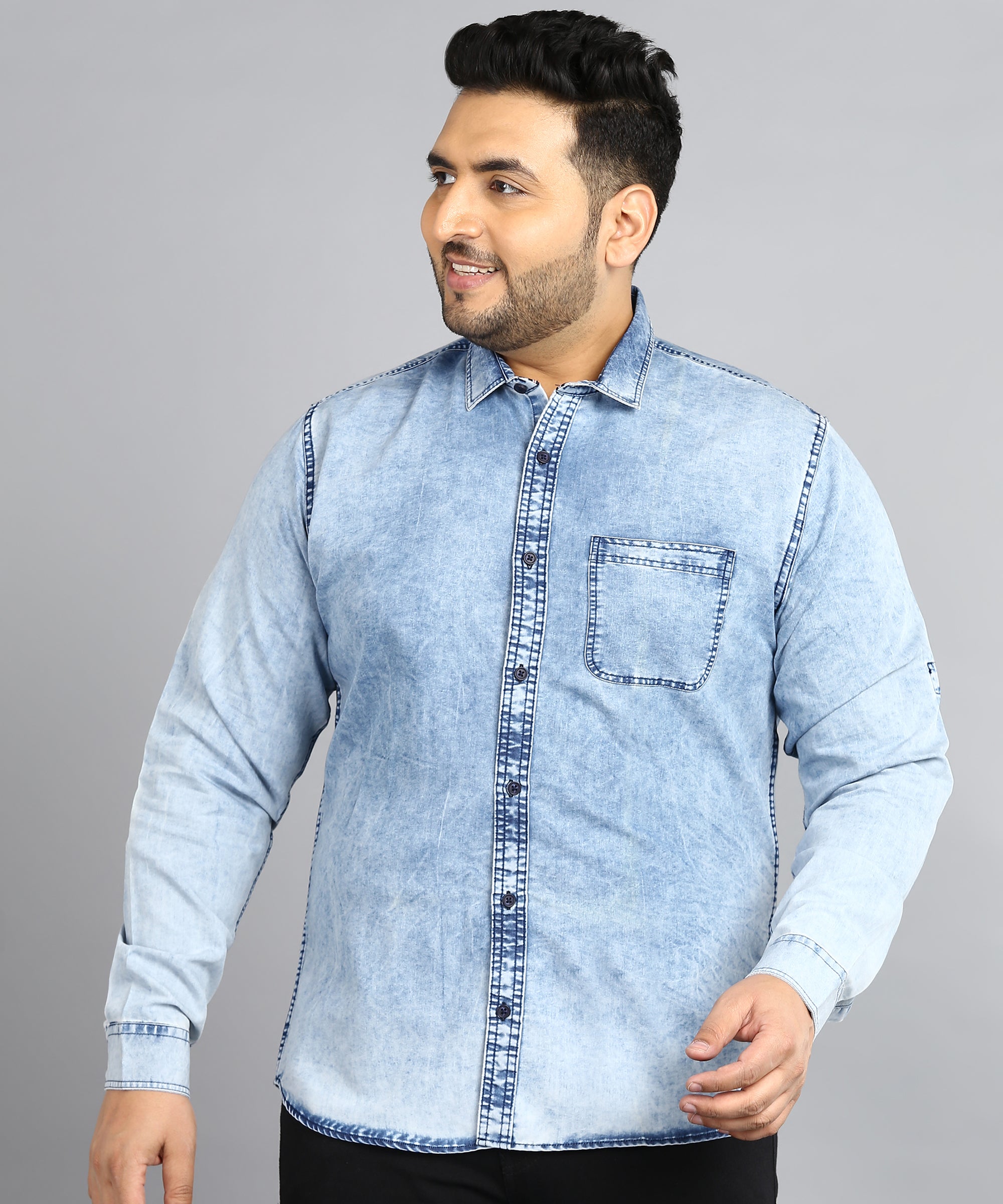 Plus Men's Ice Blue Denim Full Sleeve Regular Fit Washed Casual Shirt