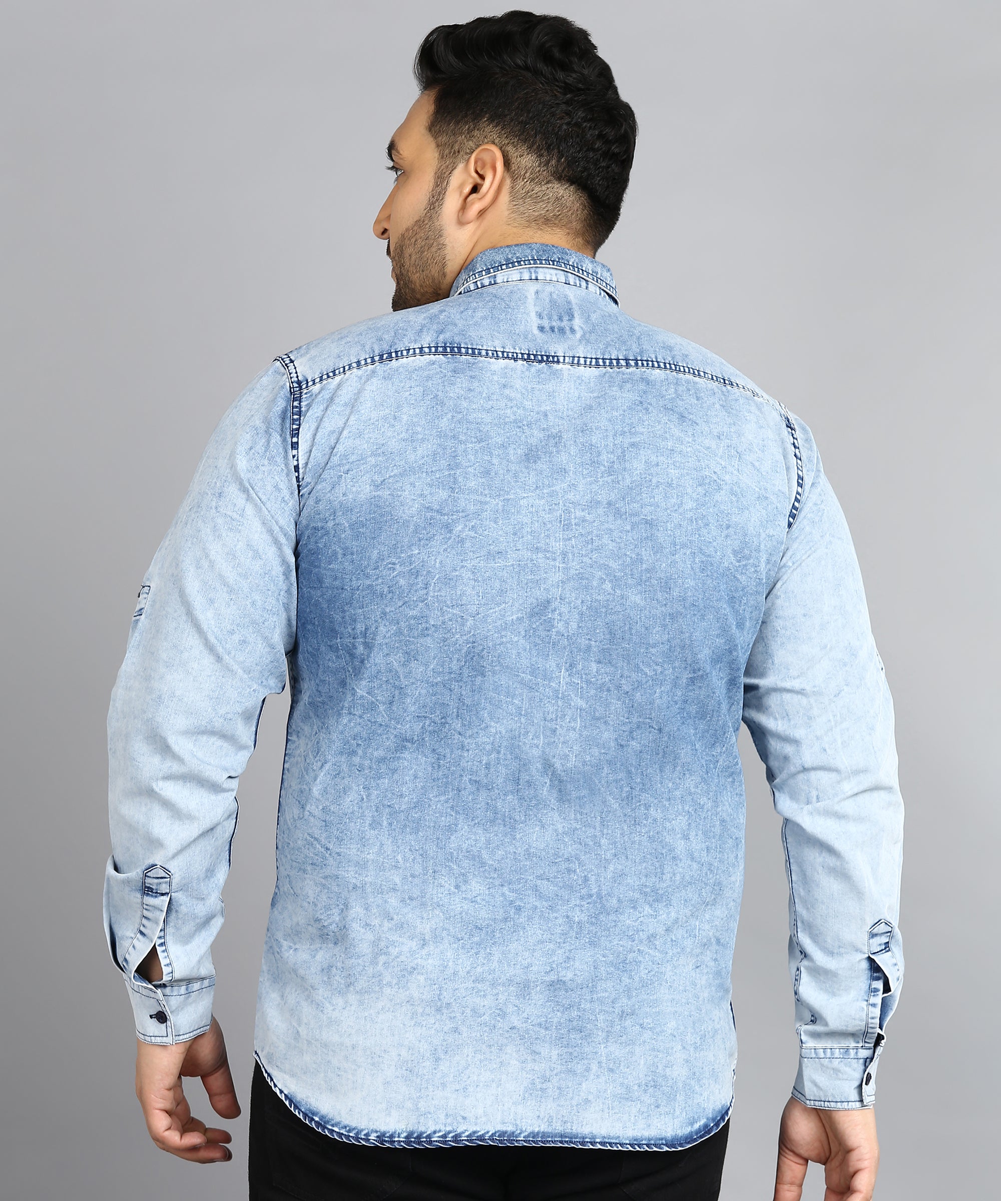 Plus Men's Ice Blue Denim Full Sleeve Regular Fit Washed Casual Shirt