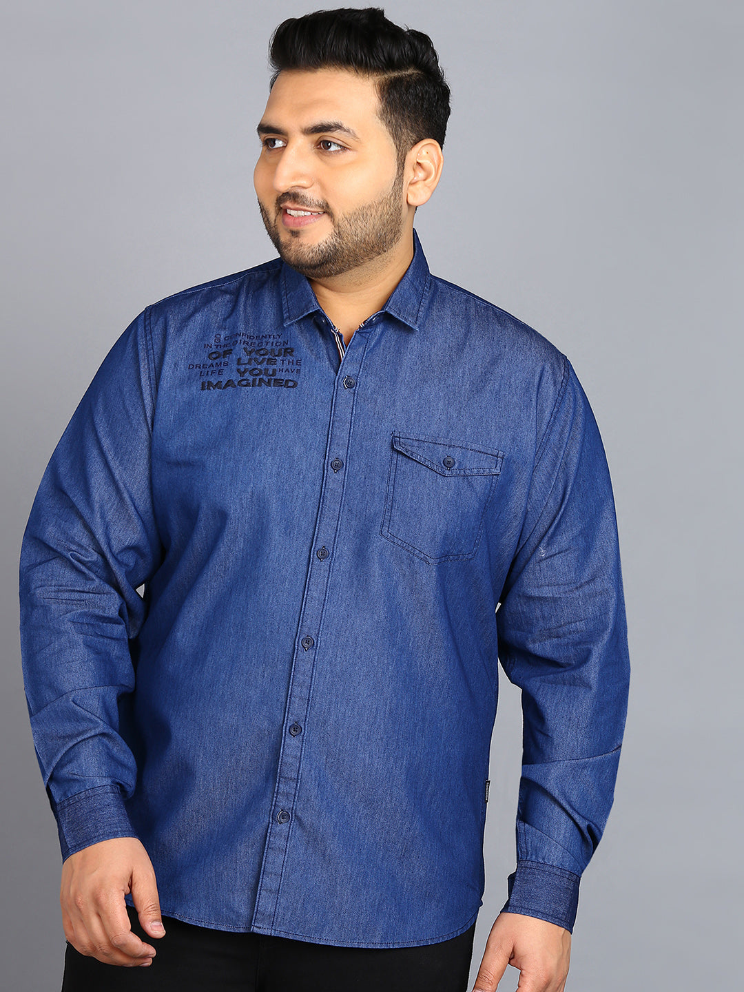 Plus Men's Light Blue Denim Full Sleeve Regular Fit Washed Casual Shirt
