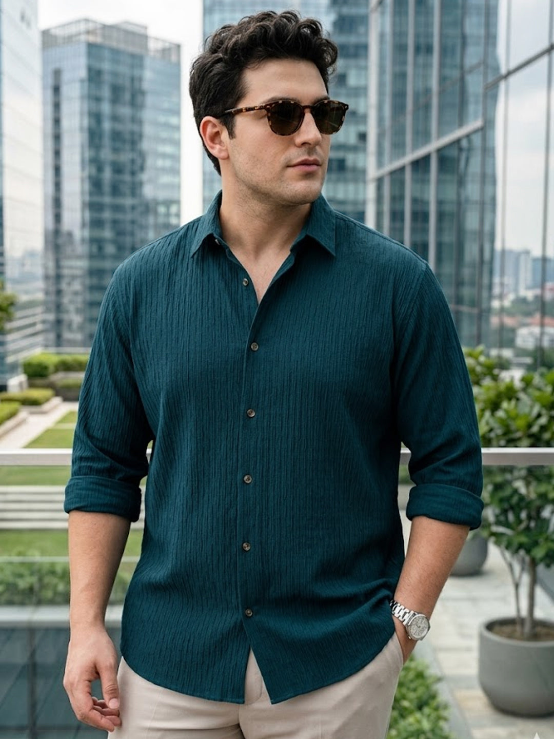 Plus Men's Blue Cotton Full Sleeve Regular Fit Textured Shirt with Spread Collar