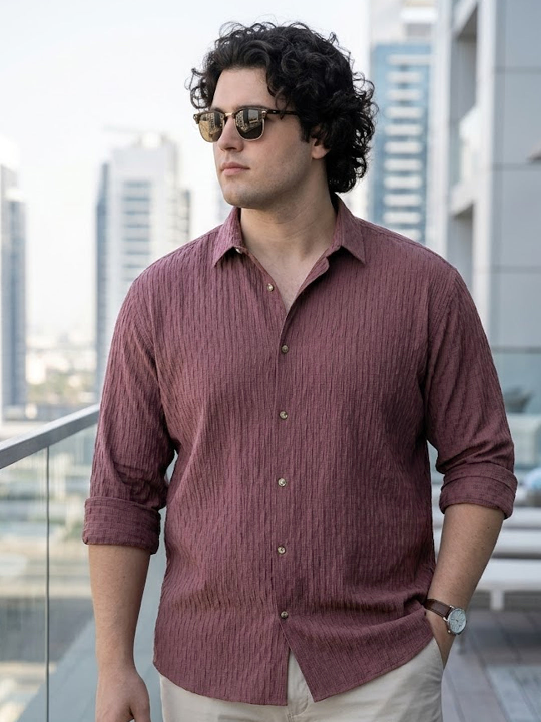 Plus Men's Mauve Cotton Full Sleeve Regular Fit Textured Shirt with Spread Collar
