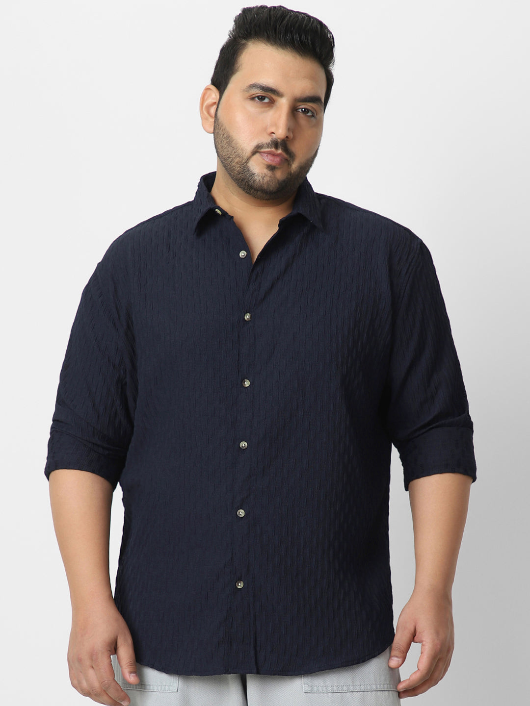 Plus Men's Navy Cotton Full Sleeve Regular Fit Textured Shirt with Spread Collar