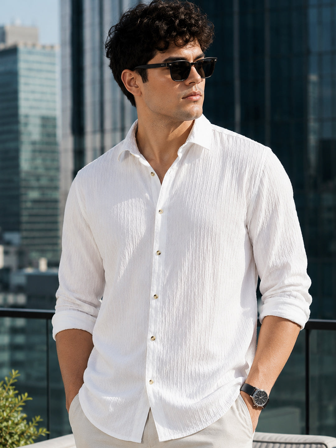 Plus Men's White Cotton Full Sleeve Regular Fit Textured Shirt with Spread Collar