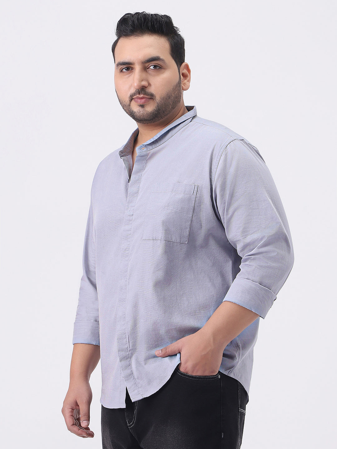 Plus Men's Lavender Cotton Full Sleeve Regular Fit Casual Solid Shirt with Band Collar