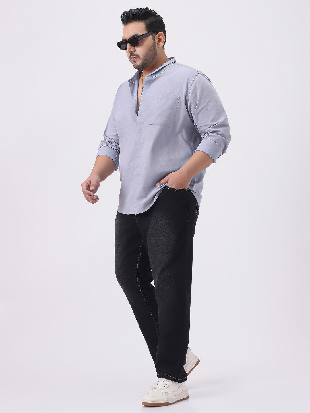 Plus Men's Lavender Cotton Full Sleeve Regular Fit Casual Solid Shirt with Band Collar