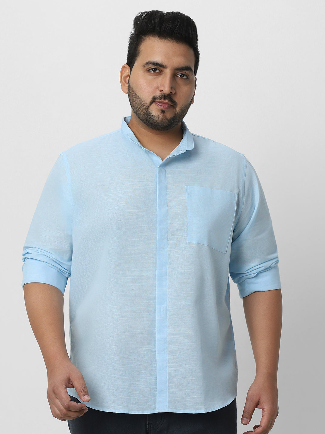 Men's Light Blue Cotton Full Sleeve Regular Fit Casual Solid Shirt with Band Collar