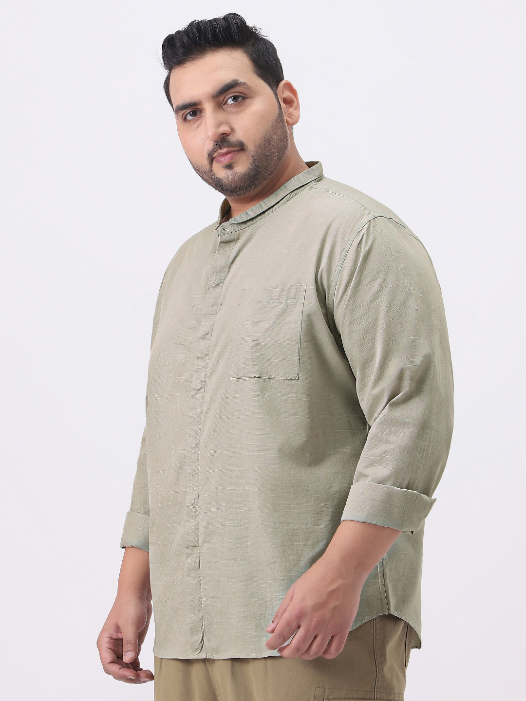 Plus Men's Light Olive Cotton Full Sleeve Regular Fit Casual Solid Shirt with Band Collar
