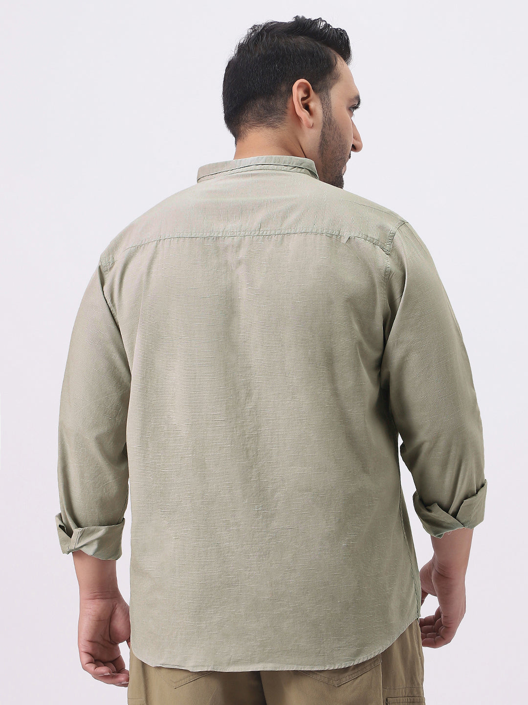 Plus Men's Light Olive Cotton Full Sleeve Regular Fit Casual Solid Shirt with Band Collar