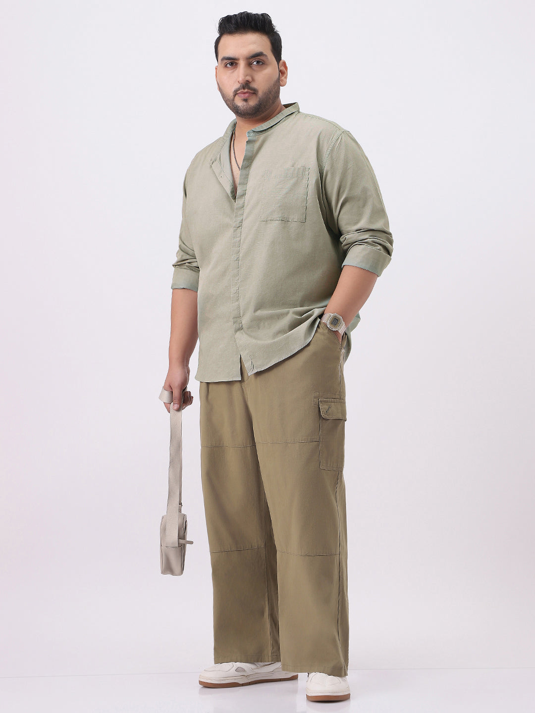Plus Men's Light Olive Cotton Full Sleeve Regular Fit Casual Solid Shirt with Band Collar