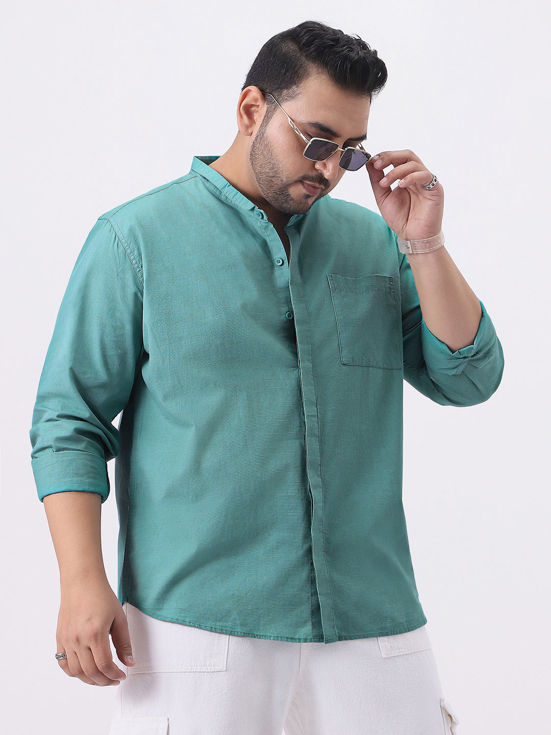 Plus Men's Light Teal Cotton Full Sleeve Regular Fit Casual Solid Shirt with Band Collar