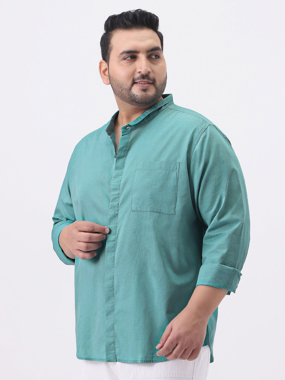 Plus Men's Light Teal Cotton Full Sleeve Regular Fit Casual Solid Shirt with Band Collar