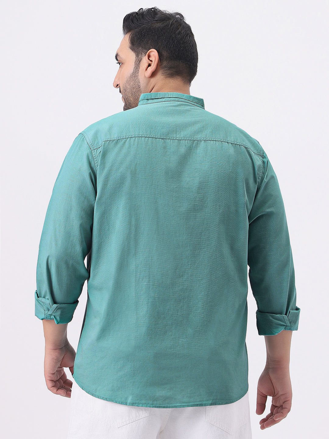 Plus Men's Light Teal Cotton Full Sleeve Regular Fit Casual Solid Shirt with Band Collar