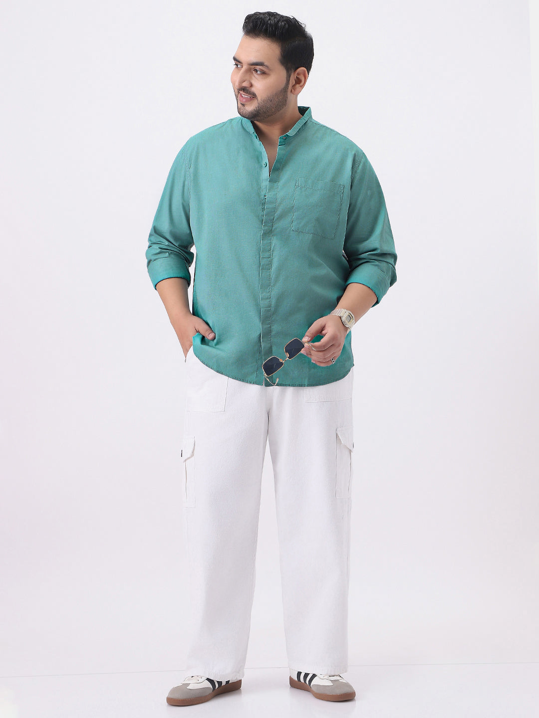 Plus Men's Light Teal Cotton Full Sleeve Regular Fit Casual Solid Shirt with Band Collar