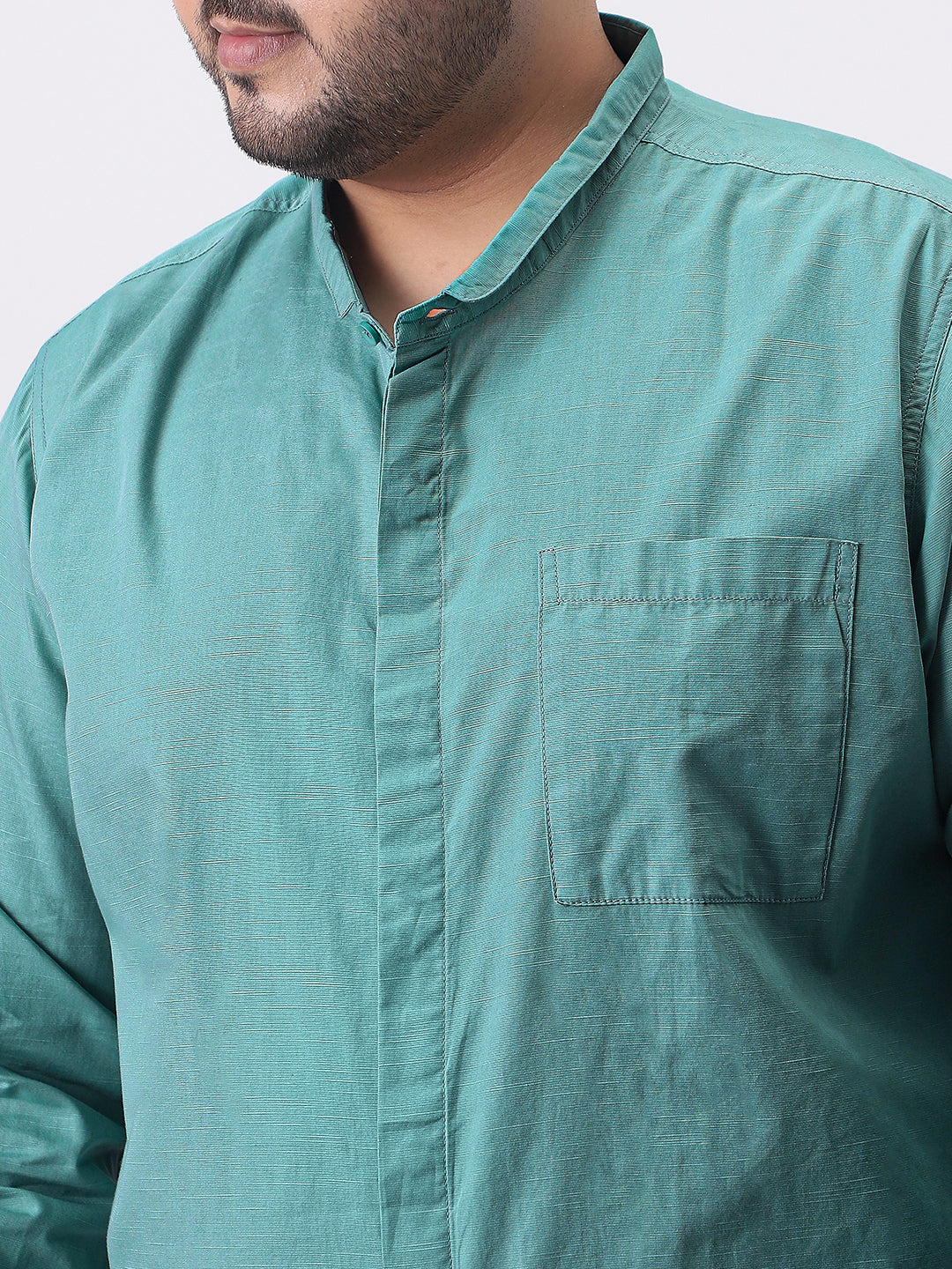 Plus Men's Light Teal Cotton Full Sleeve Regular Fit Casual Solid Shirt with Band Collar