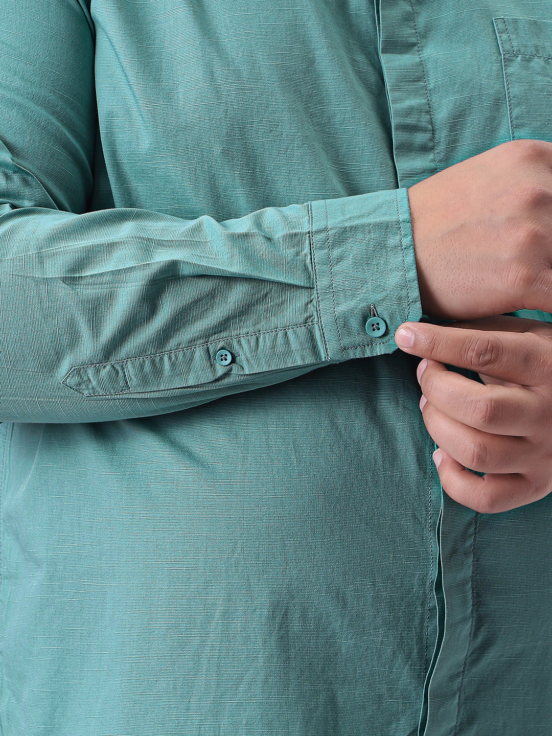 Plus Men's Light Teal Cotton Full Sleeve Regular Fit Casual Solid Shirt with Band Collar